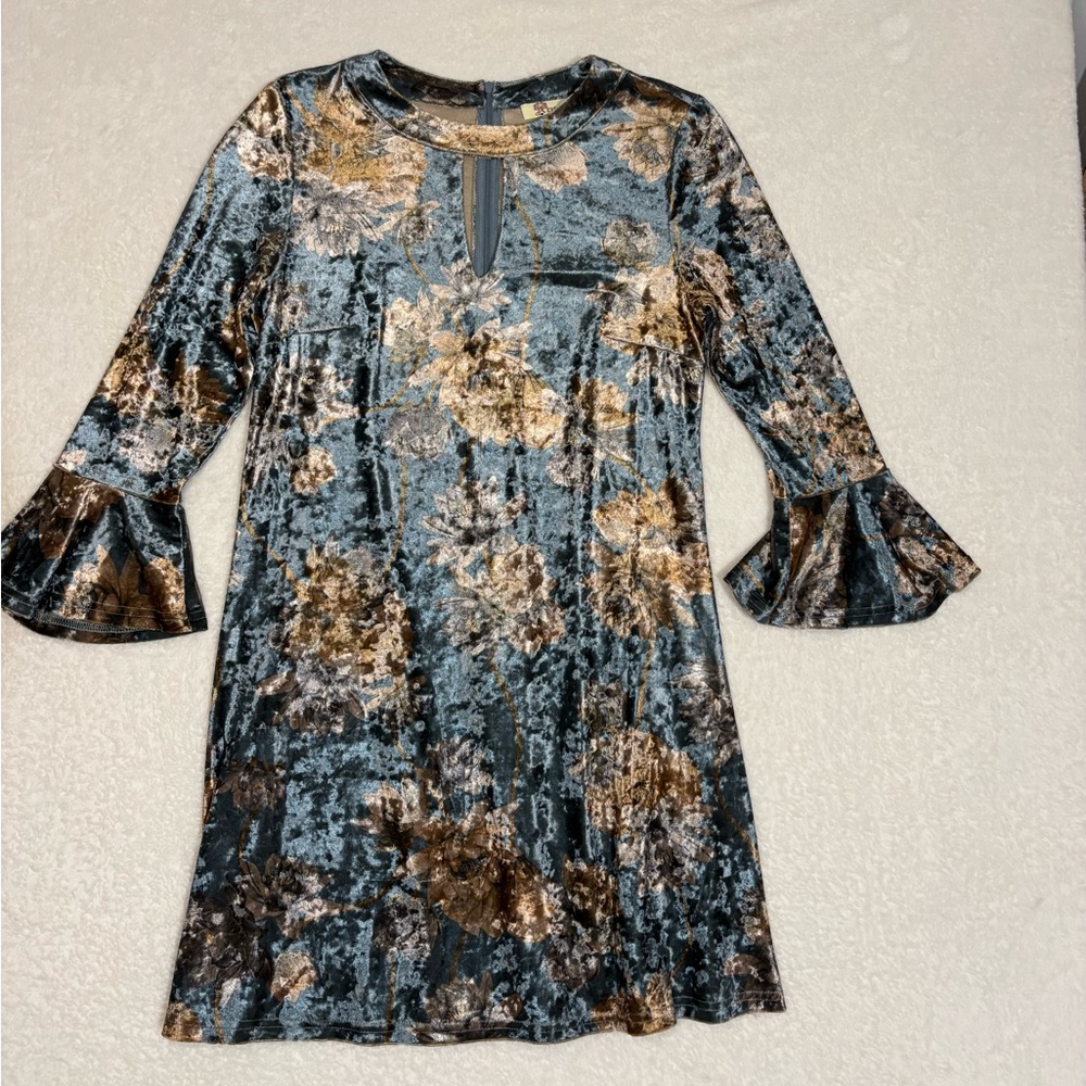 Vintage Aryeh Blue and Gold Floral Velvet flare sleeves mini Dress Sz Medium